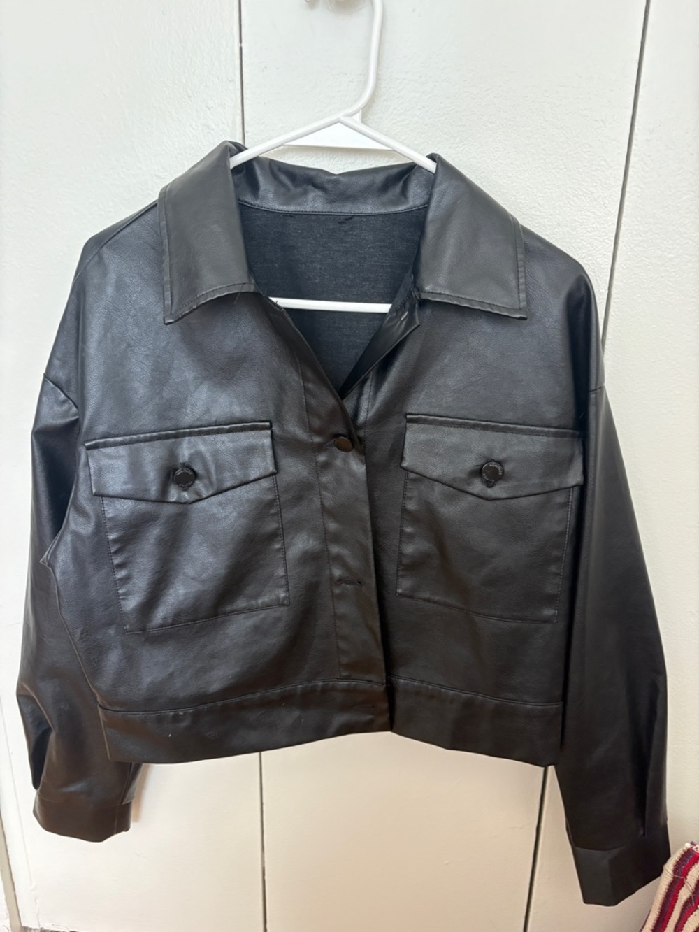 Zara Black Cropped Faux Leather Jacket with Flap Pockets